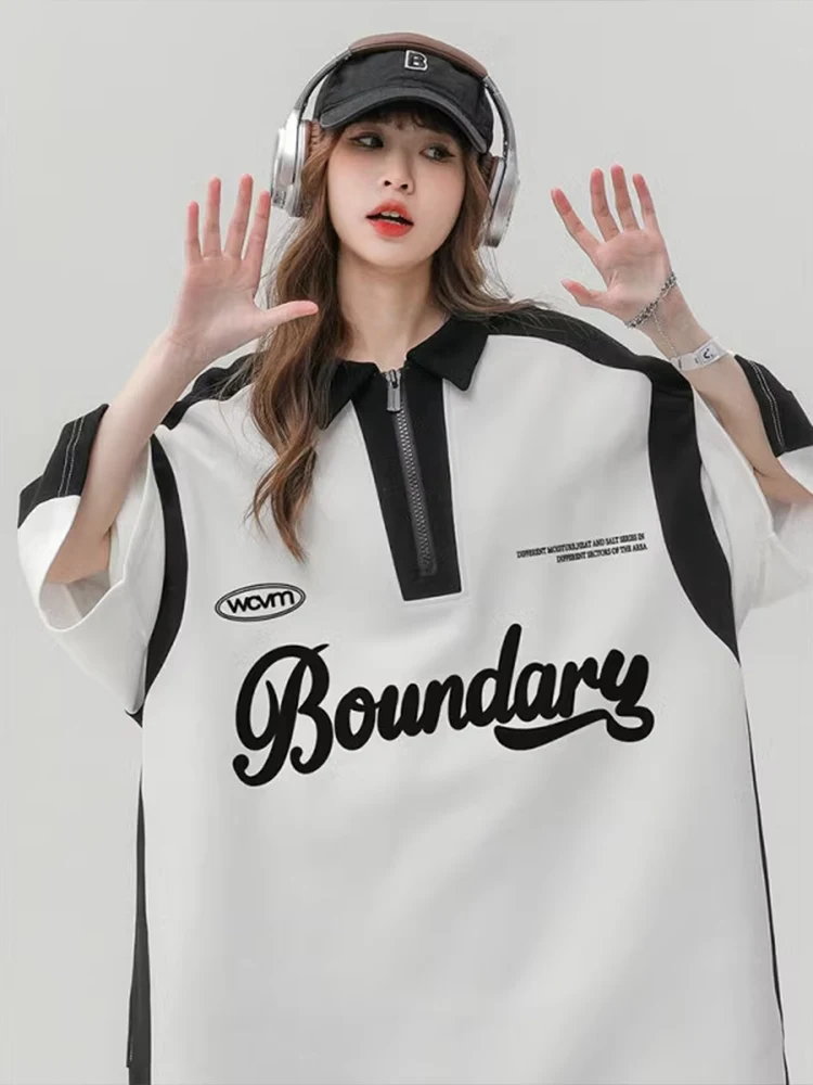 

f-Zipper ort-Sve irt for Men Sli Trendy Brand Heavy-Looking Collared T-irt American College Sle Seven-...