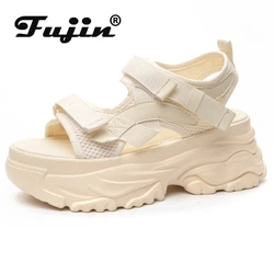 Fujin 7cm Air Mesh sandali da donna sintetici piattaforma Chunky Ins scarpe estive Casual Hollow Beige suola spessa nero comodo Peep Toe