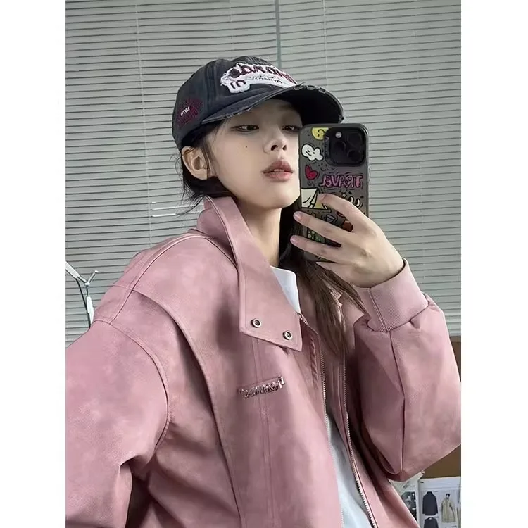 

Розовая кожаная куртка-бомбер для мужчин, весенне-осенняя, функциональная, с воротником-стойкой, в американском бейсбольном стиле