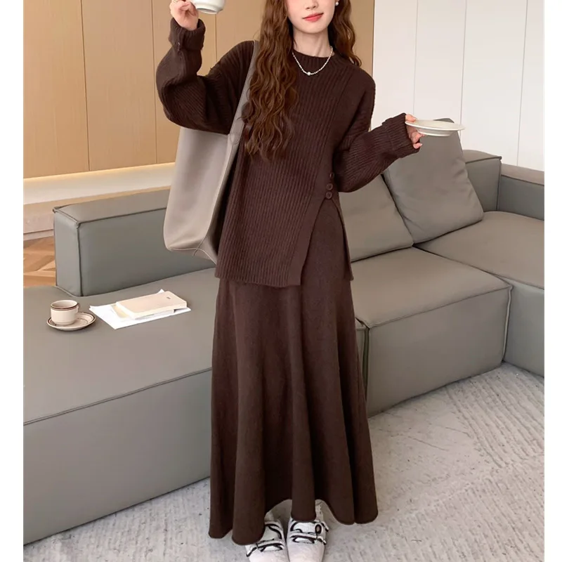 [EWQ] Long Sleeve O-neck Slit Sweater And High Waist Skirt Solid Casual Women Knit Set Clothing 2024 Autumn New Fashion 16O2197