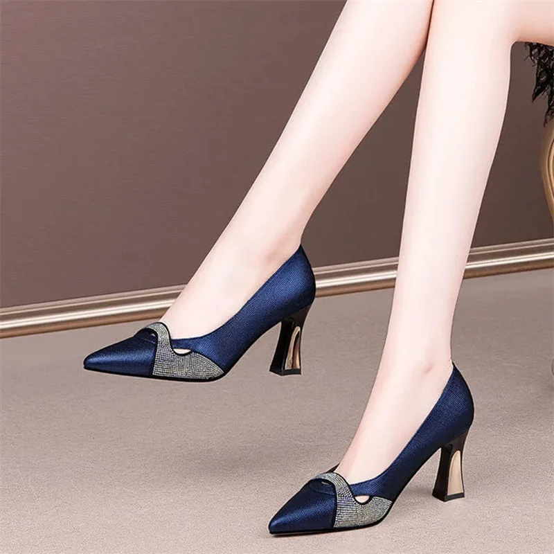 Chaussures classiques à talons hauts pour femmes, escarpins confortables, bleu marine, cristal brillant, printemps et été, E357