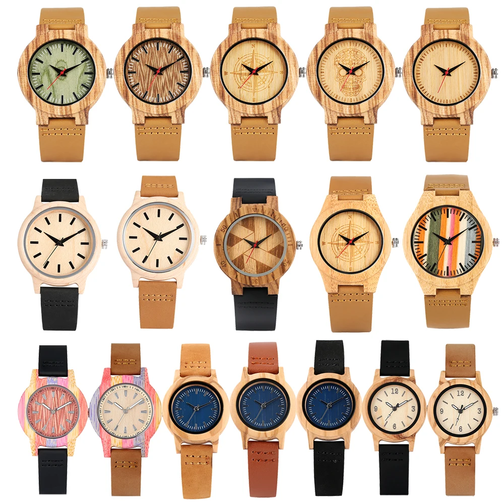 Wooden/Bamboo Watch Case Women's Wristwatch Quartz Movement Black/Brown Genuine Leather Wristband Fashion Ladies Watches Gift