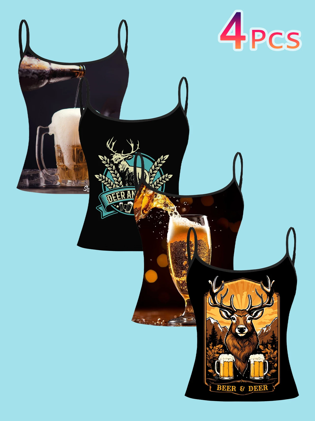 4-Piece Set of Women's Tank Tops with Deer and Beer Theme, Featuring Vintage Elk Mountain Print, Slim-Fit Spaghetti Strap Short Tank Tops