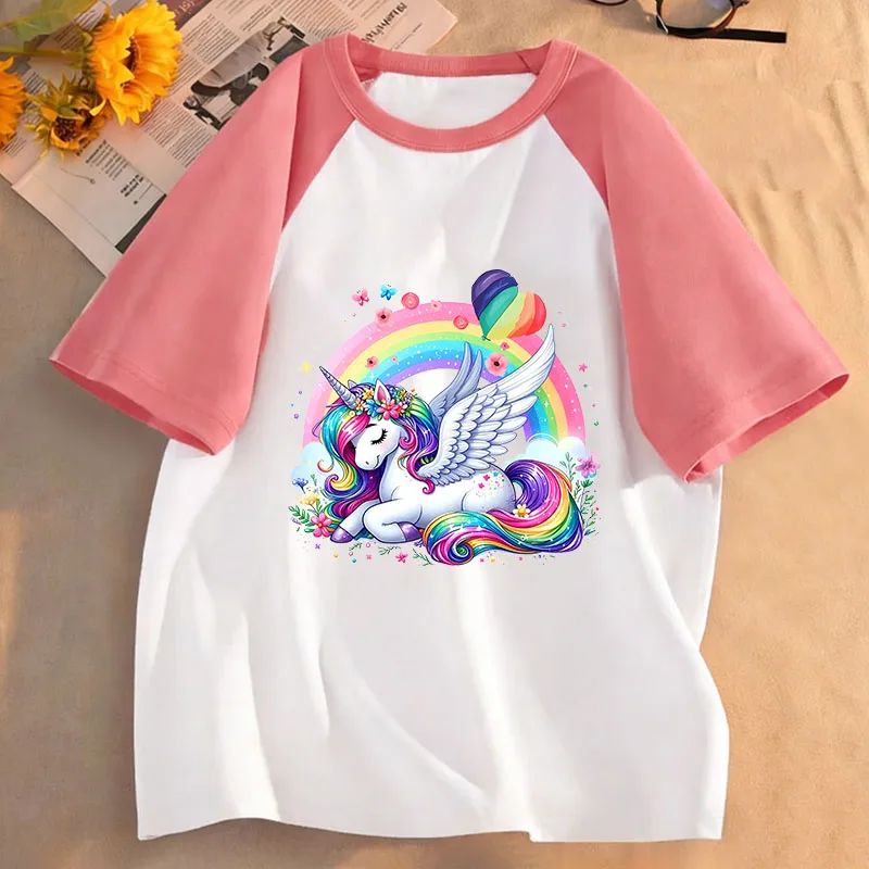 Fashion Rainbow Unicorn Horse Design T-Shirt Printed T Shirt Girls' Summer Short Sleeve Tops T-Shirts Cute Kids Clothing