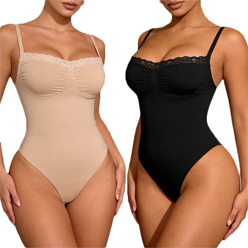 Dimmkof 3D Bra Cup Thong Suit Stretchy Resistant Lace Square Neck Bodysuit Seamless Sculpt Control Tank Top Cami Thong Slim Fit