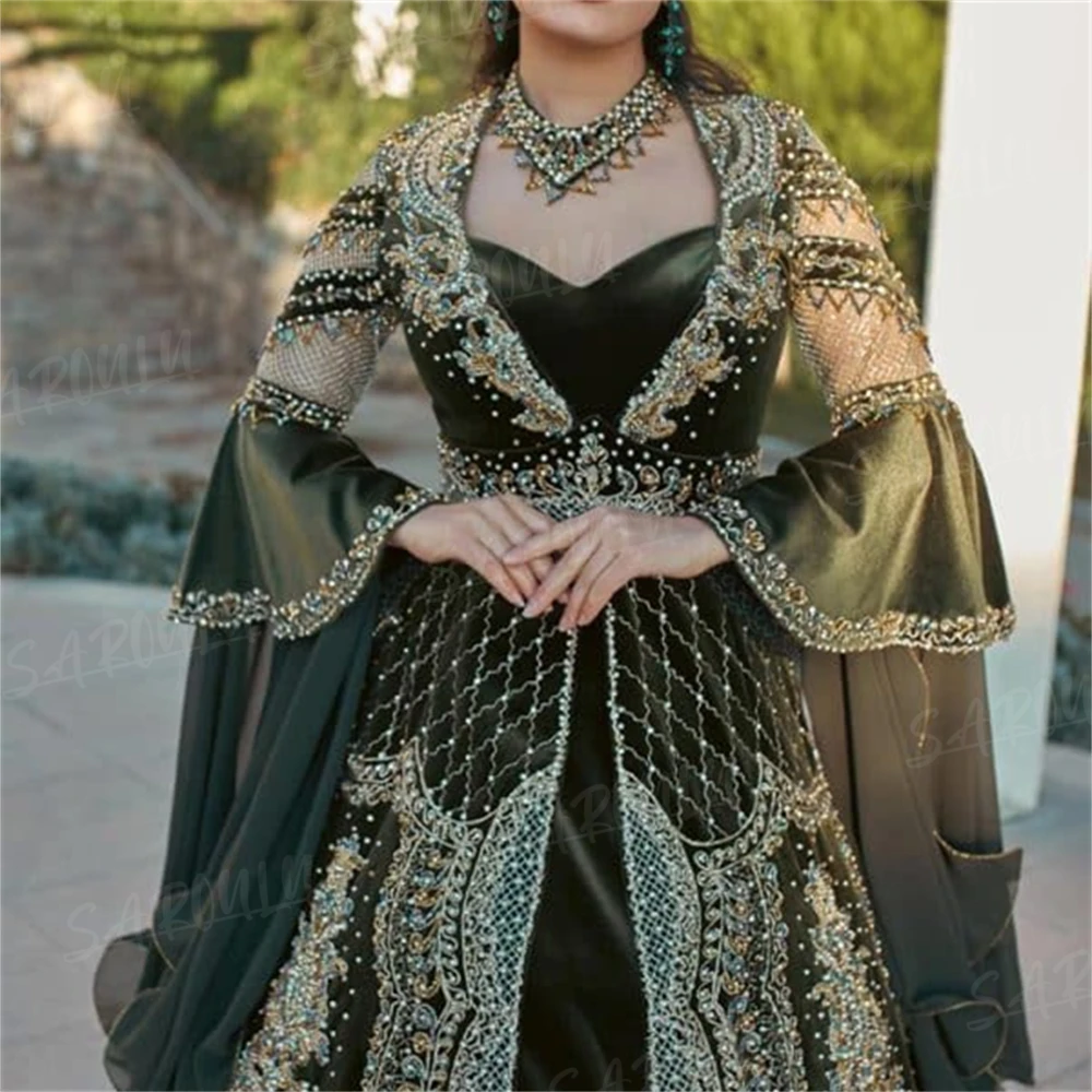 Best Kaftan Spanish Women Formal Party Gown Gold Lace Long Flare Sleeve Customized Prom Dress Vestido De Gala Maxi Caftan Muslim