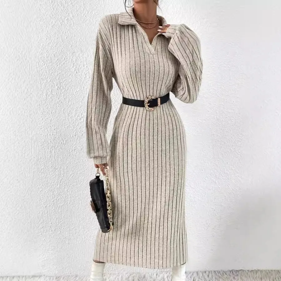 

【New style】Pure color shoulder slit thigh dress no belt autumn new European and American long-sleeved women's clothes pure colo