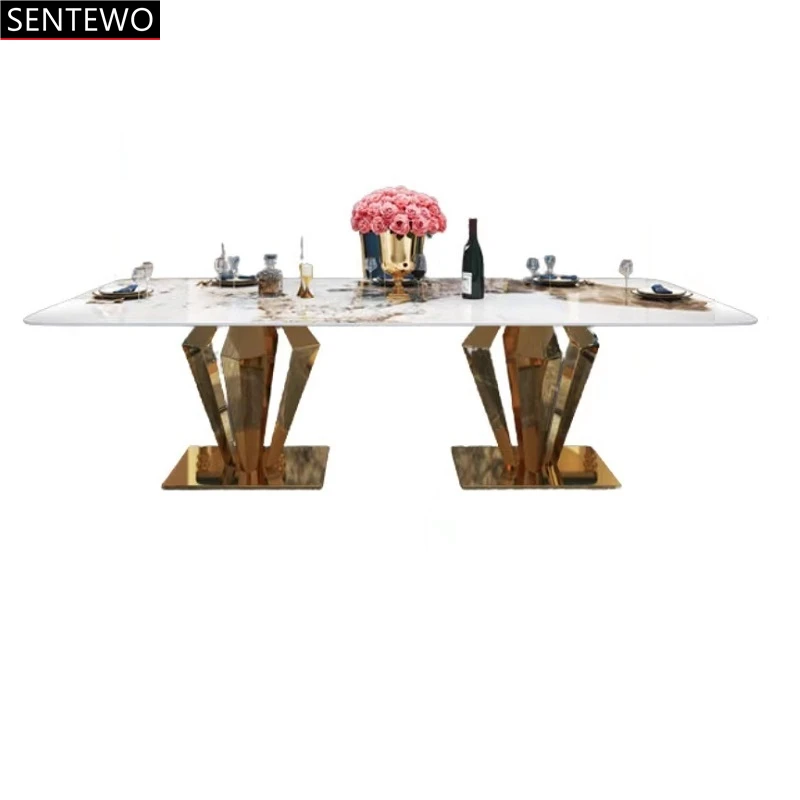 

Luxury Rock Slab Dining Room Table Chairs Set Stainless Steel Golden Frame Faux Marble Table Dinner Chair Set Sillas Comedor