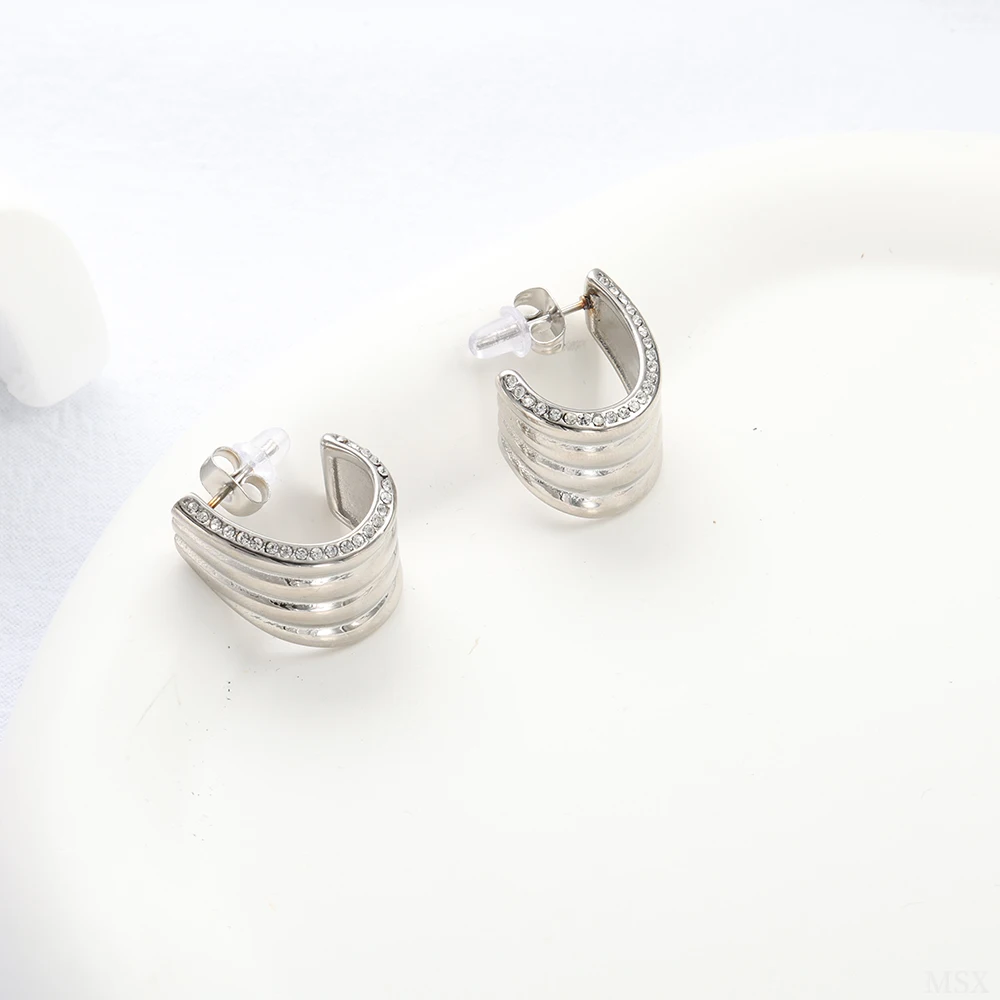 Vintage Aesthetic Curved Arc Stainless Steel Earrings for Lady C Shaped Edge Embed Small Circle Crystal Stone Commuter Jewelry image 3