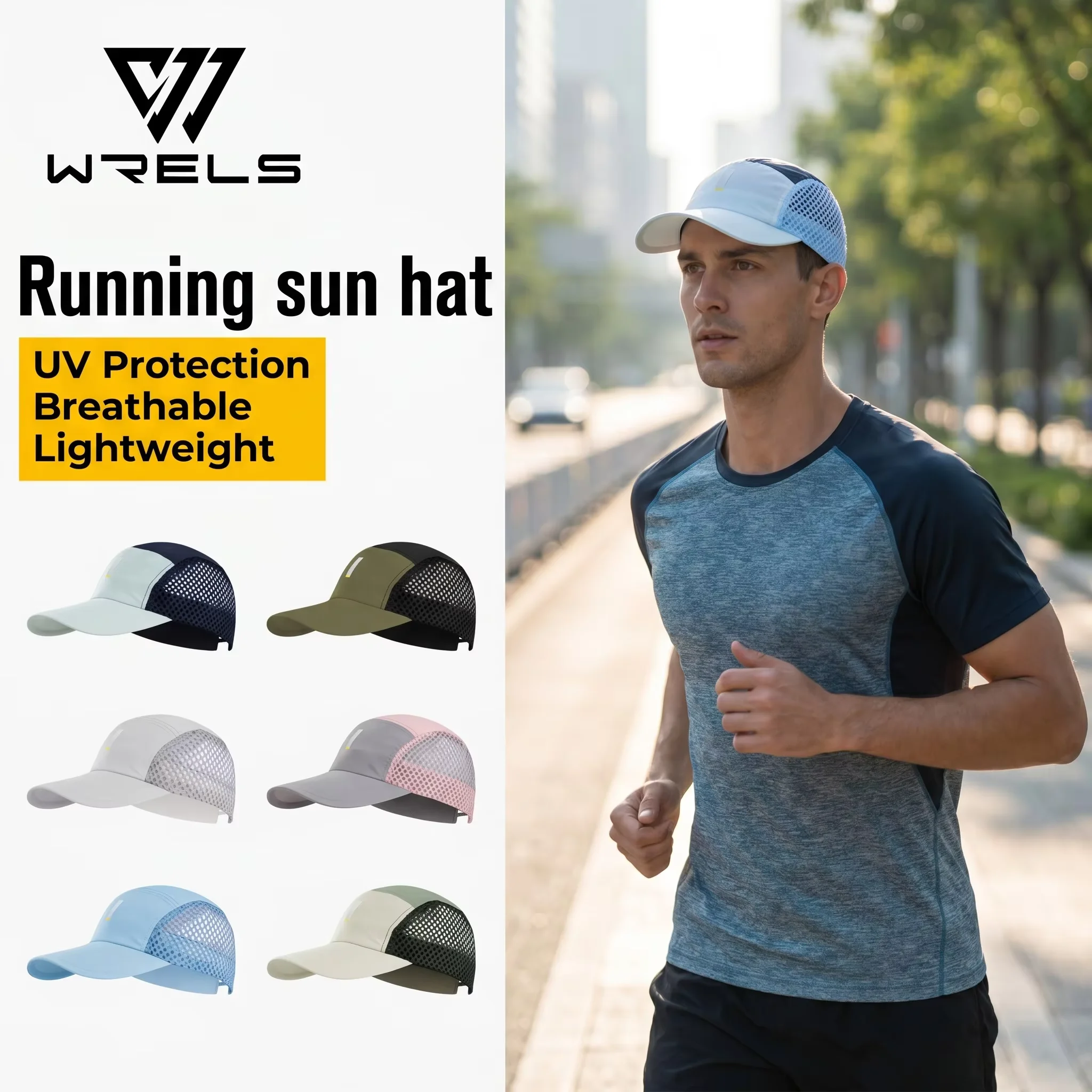 WRELS Running Sun Hat UV Protection Breathable Sun Hat Mesh Sweatband Adjustable Foldable Lightweight Men Women Running Cap