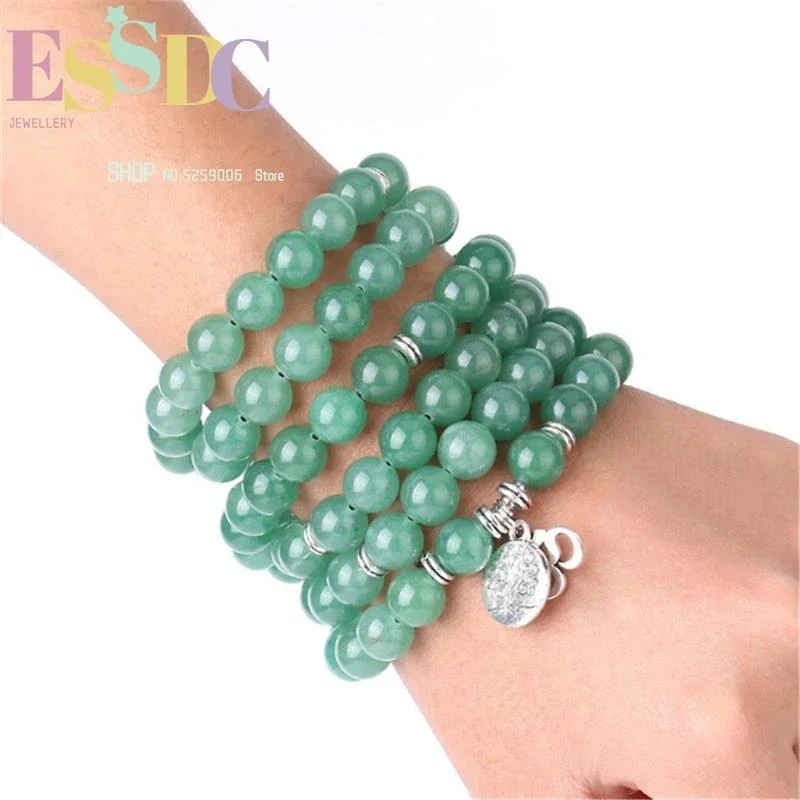 10mm Natural Green Dongling Stone 108 Beads Bracelet Yoga Tree of Life OM Pendant Necklace Meditation Jewelry for Men or Women