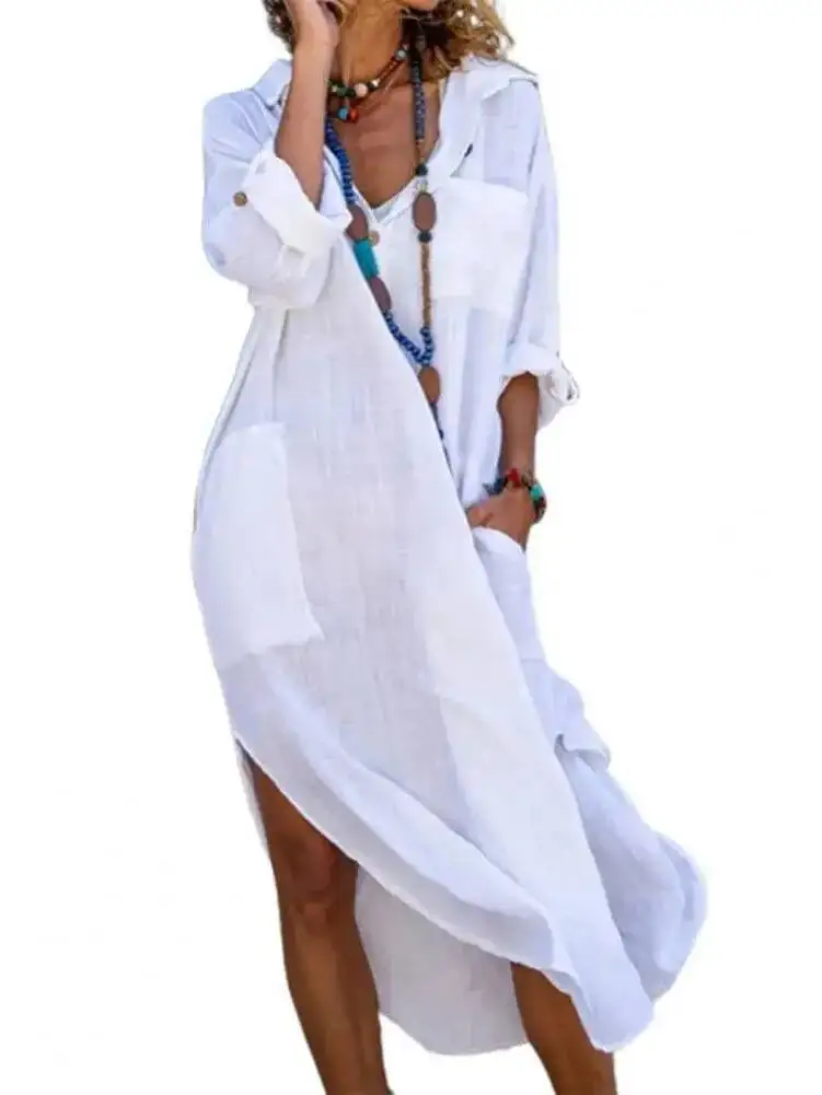 فستان قميص للنساء ملابس قطنية كتان 2025 لربيع وصيف فساتين متوسطة الطول طويلة نقية كبيرة الحجم MTB8