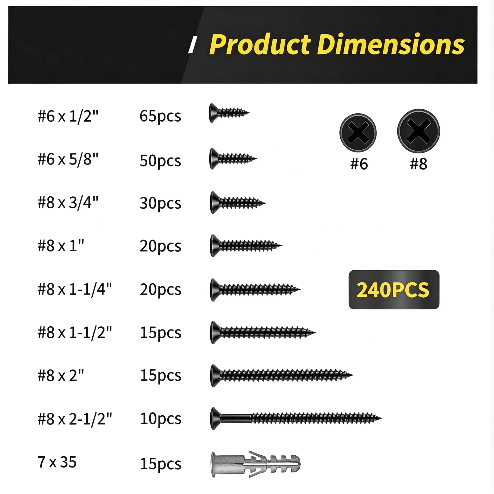 240Pcs Cross Recess Wood Screws Kit 8 Sizes Galvanized Self Tapping Screws Matching Wall Anchors for Wood Construction