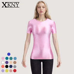 XCKNY satin glossy short Sleeve Elastic high Neck Tight Sports Basic Shirt solid shiny top Casual Fashion T-shirt Unisex top