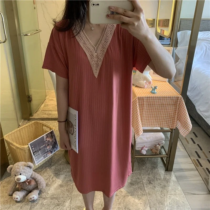 

Nightgowns Women Cozy Breathable Design Patchwork Lacework Sleepshirts Loose V-neck Short Sleeve Nightdress Mujer Soft Sleepwear