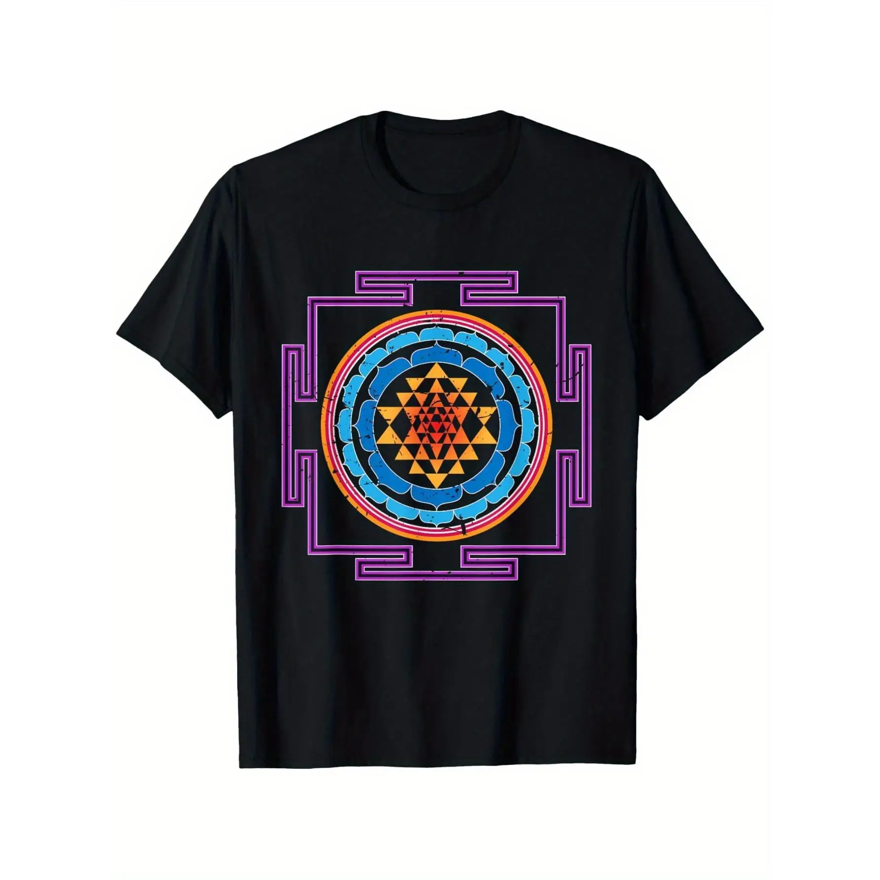 

100% Cotton Picnic T-Shirt for Men, 180g Black Crew Neck Tee with Colorful Geometric Design, Ideal for Outdoor Activities