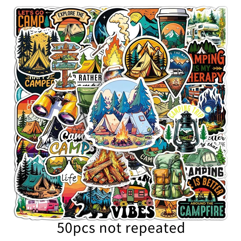 50Sheets Trendy Camping Tent Waterproof Sticker Outdoor Activity Graffiti Decals Resin Friendly for DIY Craft Anime Worlds Store