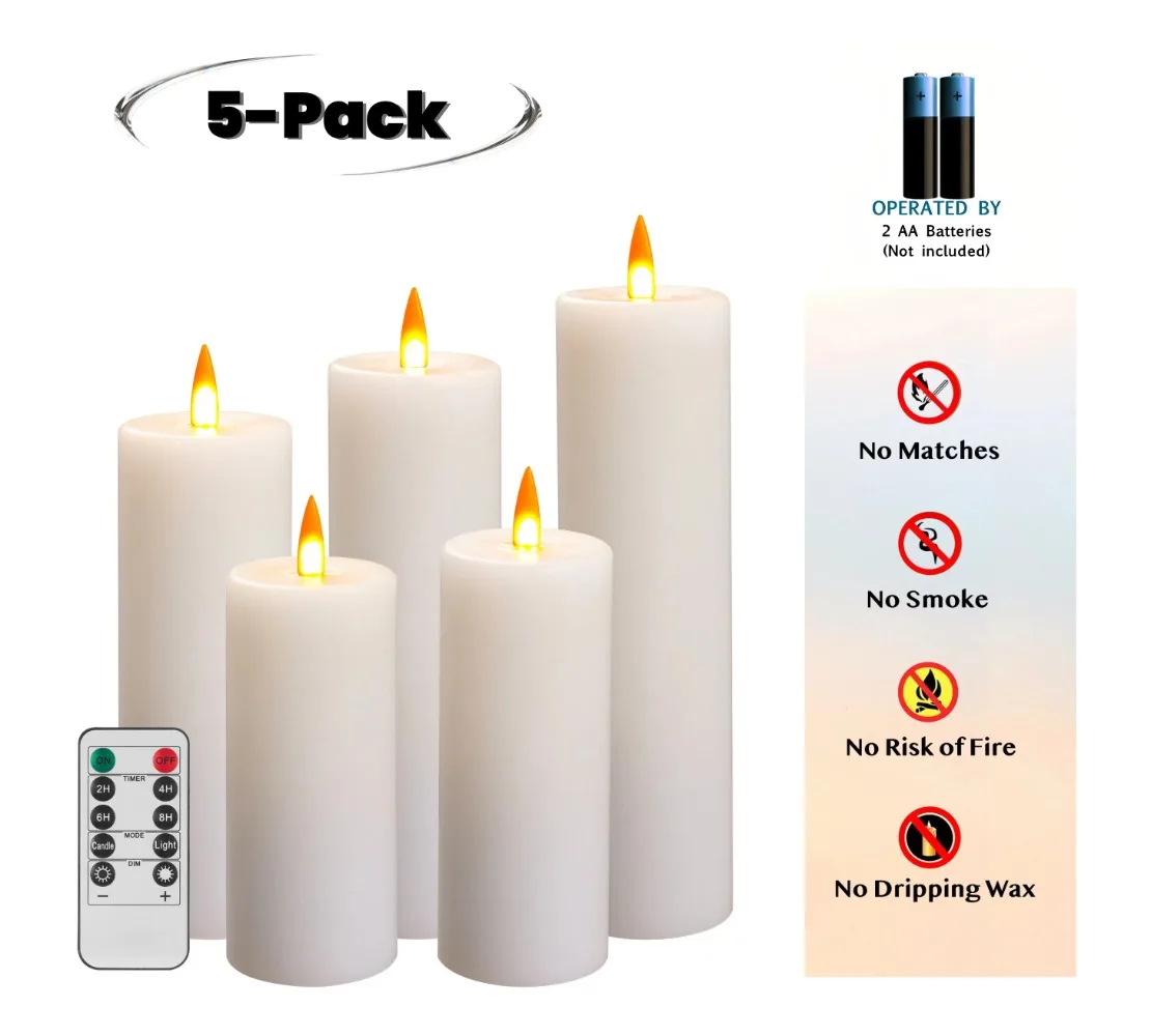 

5 Pack Flameless LED Candles with Remote Control 3D Dancing Flame Effect Real Wax Design Battery Operated Warm White Light