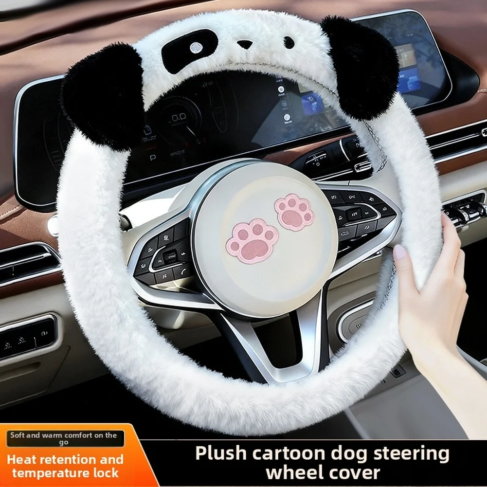 38cm Fluffy Cartoon Dog Steering Wheel Cover Winter Warm Fuzzy Standard Handble Cover Car Interior Trim Car-styling