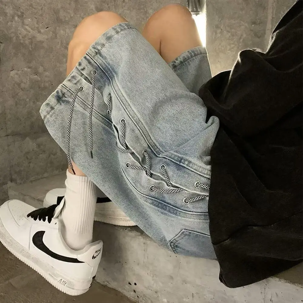 

Trendy High Street Vibe Men's Denim orts Summer Casual Loose Fit Five-Ten Pants Straight Leg Jeans Polyester Fiber
