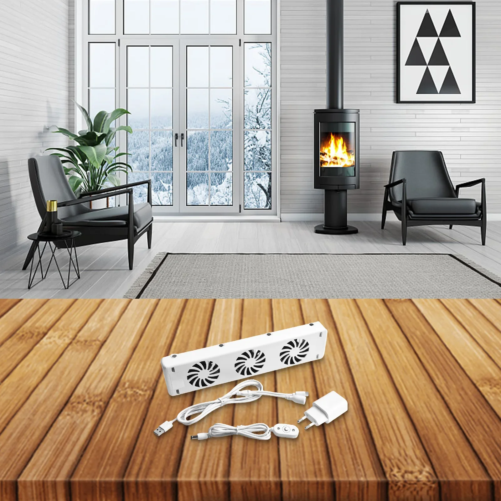3 Fan Radiator Magnetic Smart Cooling Fan Suit Fireplace Fan Radiator Booster Easy Installation Ventilator Fan EU-Plug