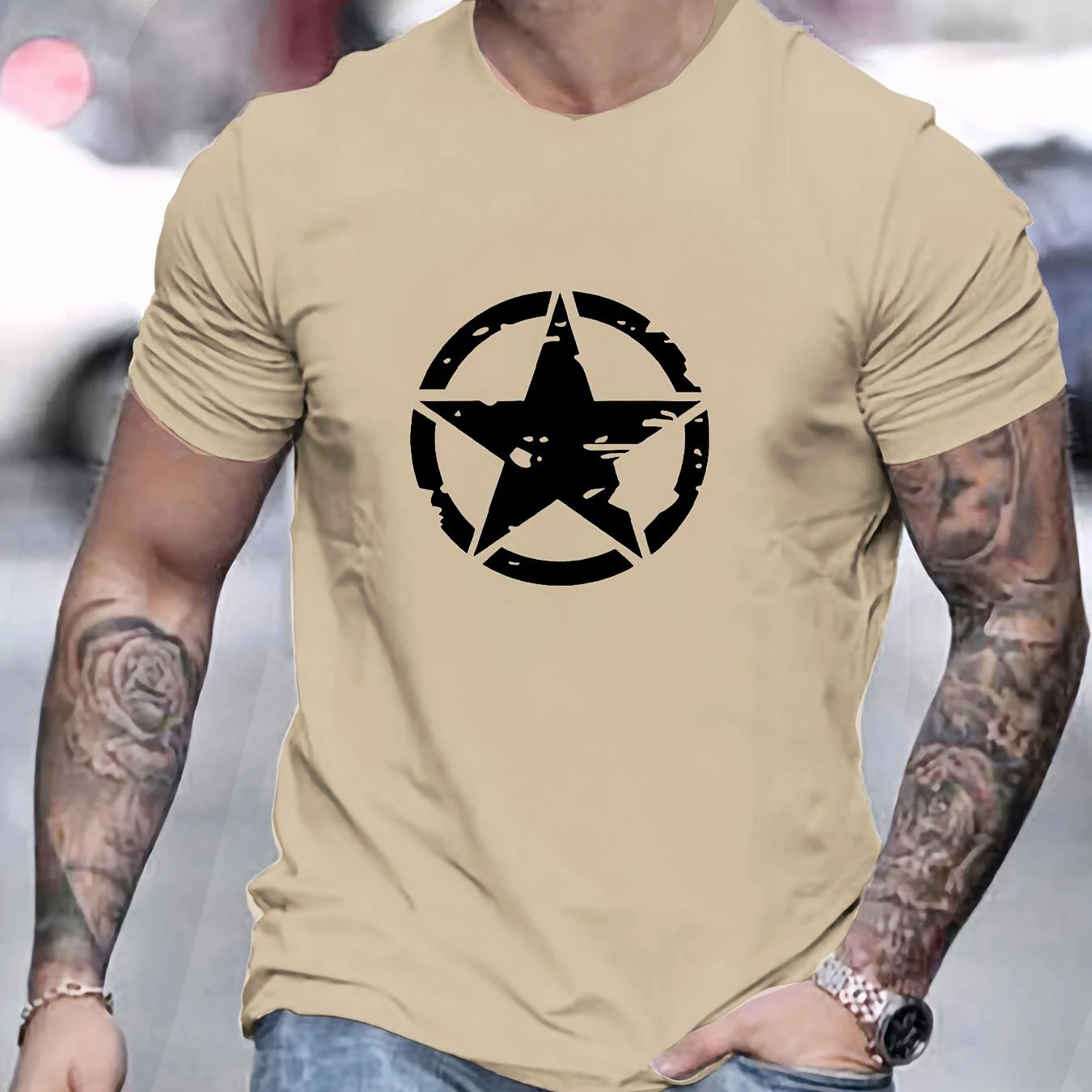 

Summer men's 100% cotton comfortable casual loose oversized star logo graphic printed sports round neck short sleeved T-shirt
