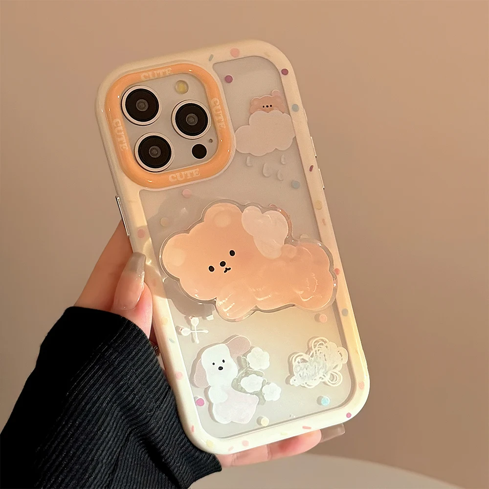 Luxury Rainy Rose Dog Phone Case for iPhone 15 14 13 12 11 Pro Max Plus Feifei Bear Bracket White Border Transparent Cover