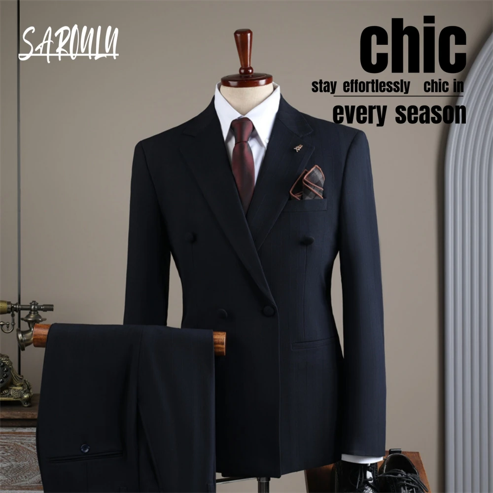 Autumn Winter Double Breasted Tuxedo For Men Celebrity Two Pieces Formal Events Groom Wear Striped Hot Sale Daily Outfit