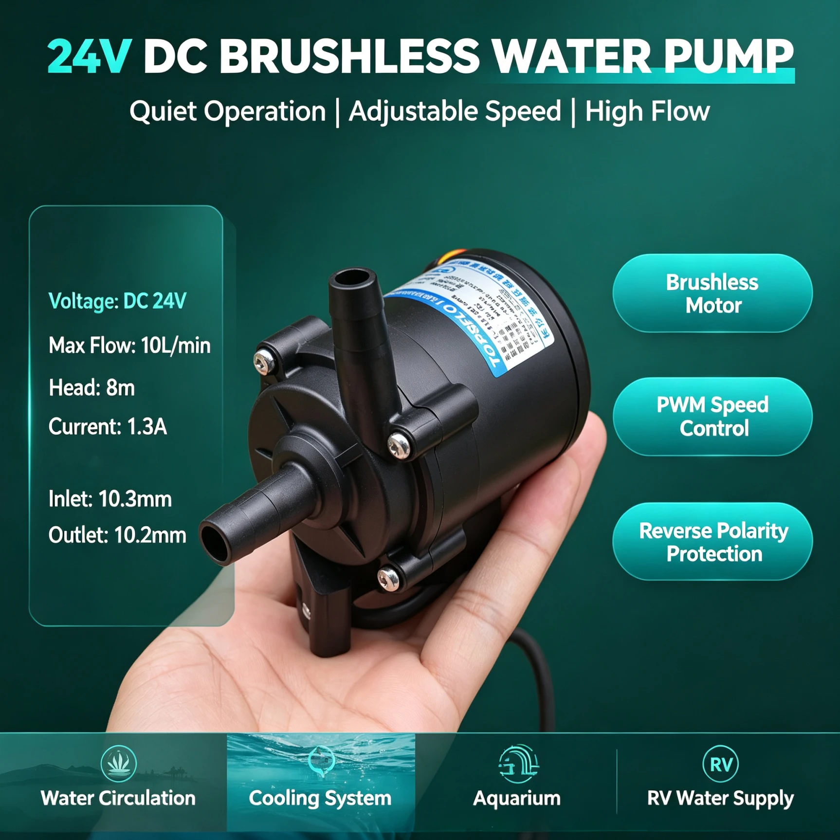DC24V Brushless Water Pump, 31.2W 10L/min 8M Head, PWM & Voltage Speed Control, Heat‑Resistant Submersible Circulation Pump with