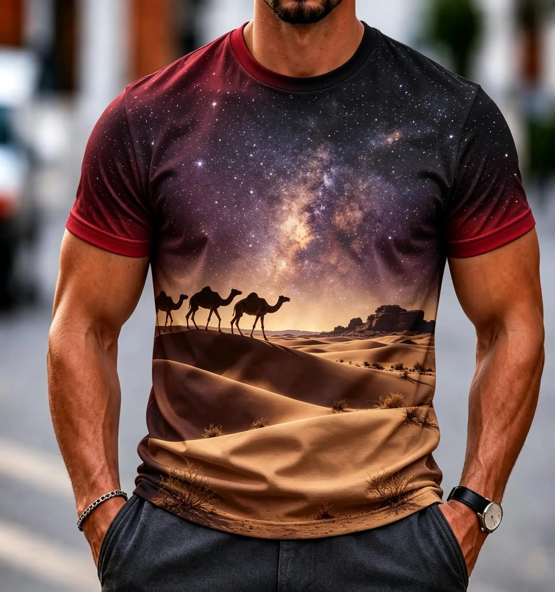 Men's 3D Desert Camel Starry Sky Print T Shirt, Milky Way Dune Landscape Casual Round Neck Short Sleeve Tops