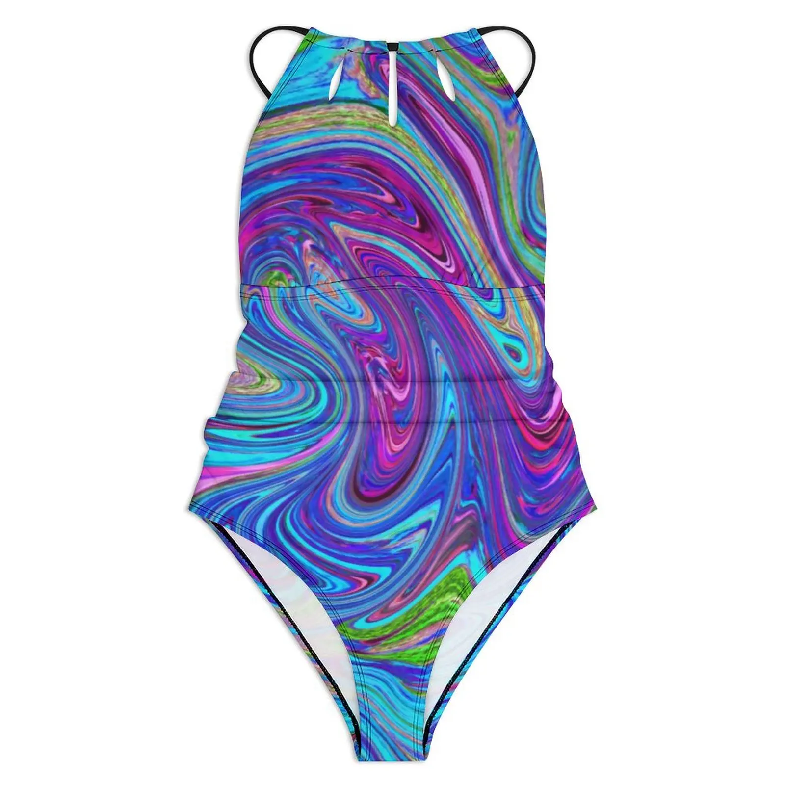 Retro 60s Art Swimsuit Sexy Groovy Liquid Abstract One Piece Swimwear Push Up Swimsuits Korean Fashion Holiday Surf Bathing Suit