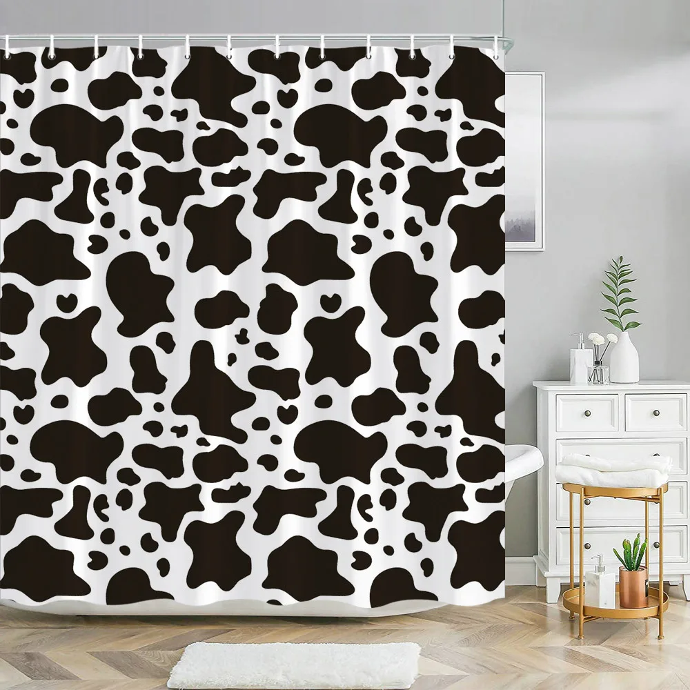 

1pc Cowhide Pattern Bath Curtain, Black Cow Spots on White Background, Random Amoeba-Like Shapes, Minimalist Design, Modern Cowh