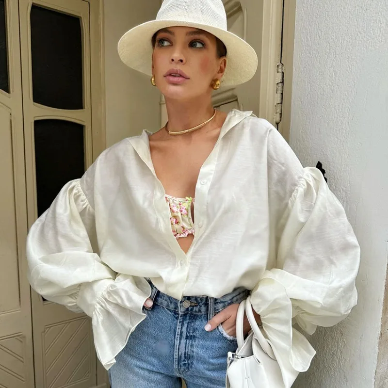 Talenza Women Fashion Shirt Solid Ruffle Lapel Button Patchwork Elegant Blouses High Street Chic Commuter Casual Women Shirt Top