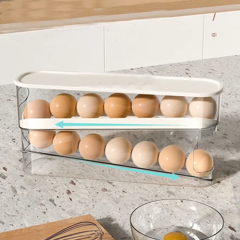 A Household Slide Type Simple Refrigerator Side Door Fresh-Keeping Storage Box Double-Layer Rolling Kitchen Household Egg Holder