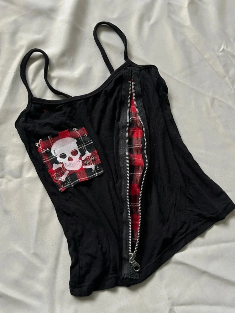 اليابانية الجمجمة الطباعة الدبابات Y2k الجمالية منقوشة المرقعة المرأة سستة تانك القمم Harajuku عارية الذراعين خمر مثير الشرير بروتيل #2