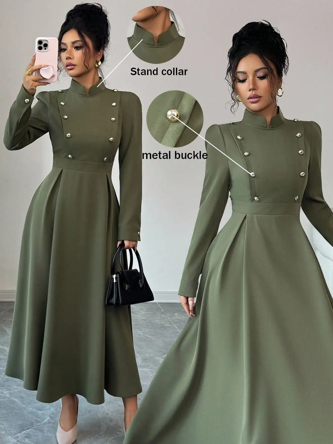 

Оливково-зеленое платье миди с воротником-стойкой и металлическими пуговицами-пряжками