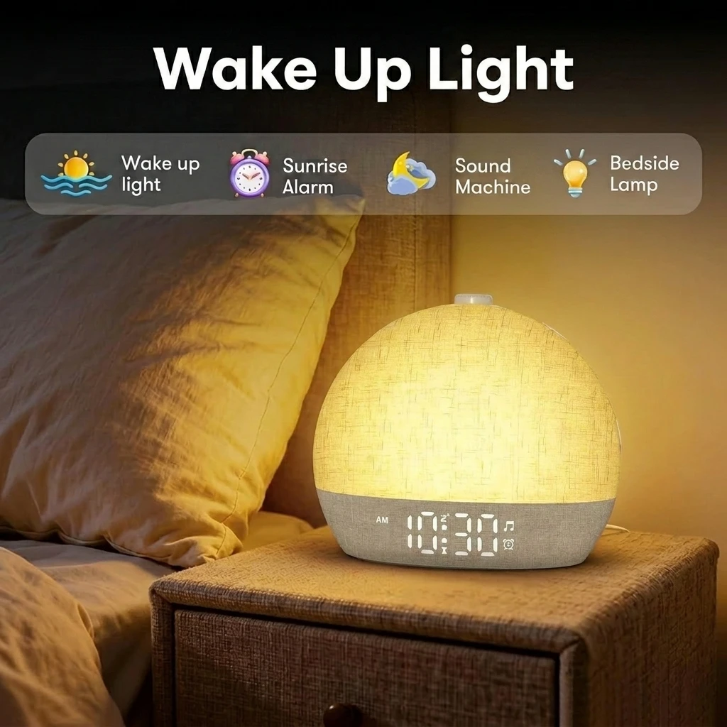 Wake Up Light Sunrise Alarm Clock,White Noise Sound for Heavy Sleeper,30 Soothing Sleep Sounds Dimmable Night Light, for Bedroom