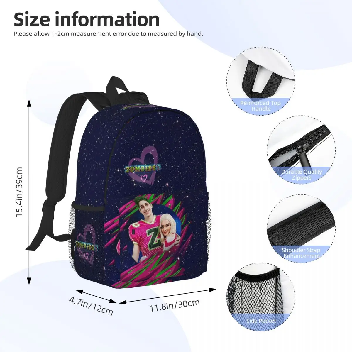 Zombies 3 - Zed And Addison For Girls Boys Large Capacity Student Backpack Lightweight waterproof Backpack 15inch