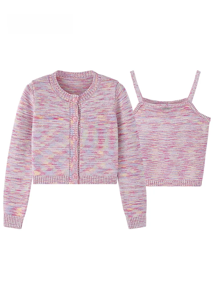 

JZZDEMM Women's Knitted Set ort Strap Cardigan Two-Piece Mixed Color Slimming Faionable Cotton Blend Autumn Collection
