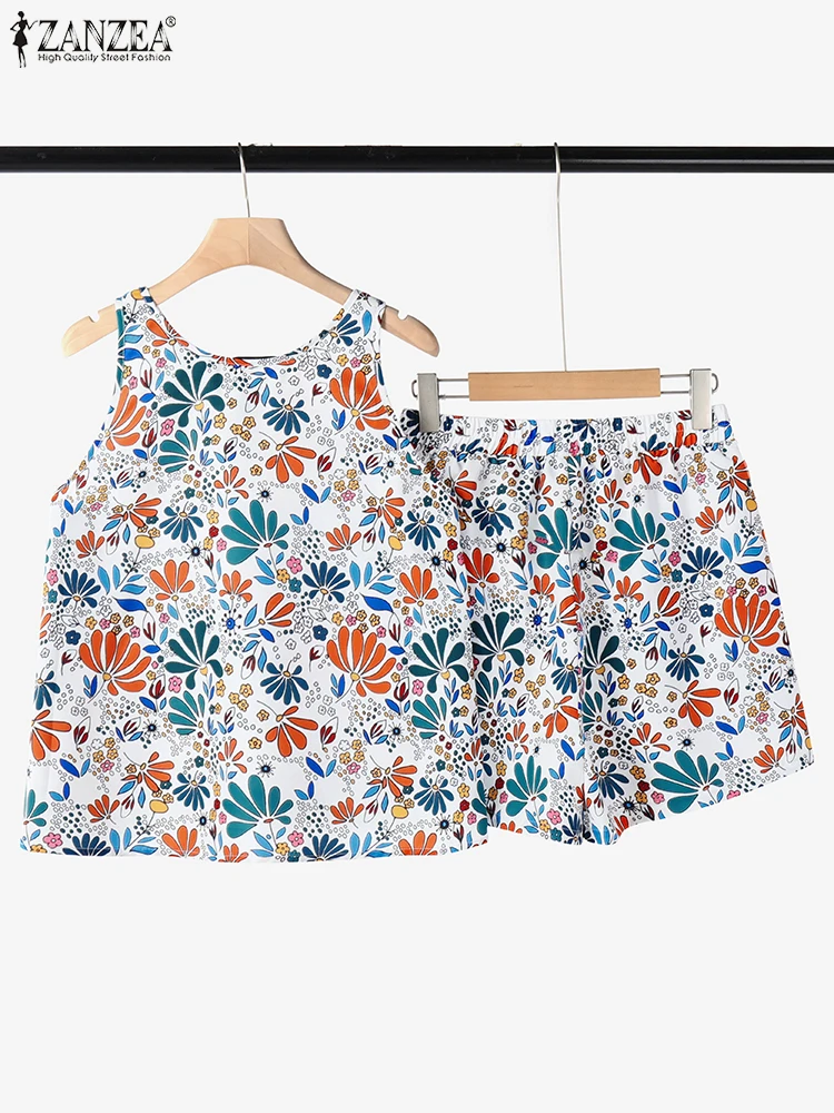 

ZANZEA Women Printing Sets 2025 Sleeveless Tops Elastic Waist Shorts Casual Korean Style Outfits Pocket Shorts Matching Sets 2PC
