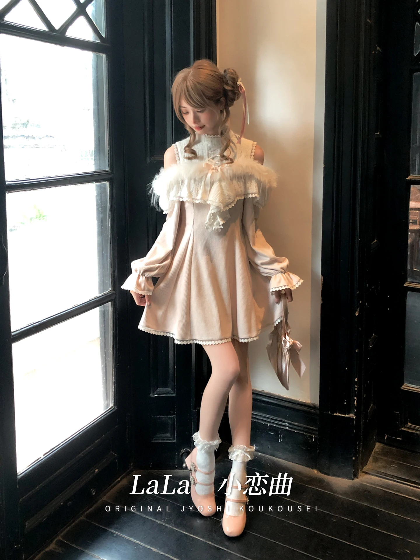 Elegant Lady Japanese Original Lolita Design Sweet Off-Shoulder Long Sleeve Knitted Dress Cute Doll Feel  Versatile Long Dress