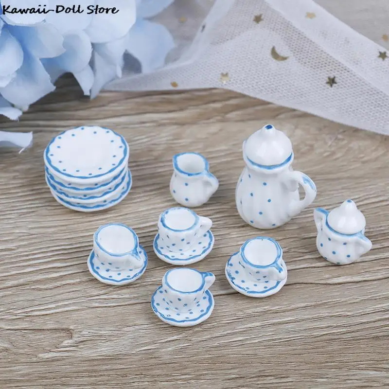 15Pcs 1/12 Dollhouse Miniature Ceramic Tea Cup Tableware Set Kitchen Flower Patten Porcelain Coffee Cup Pot Accessories Kids Toy