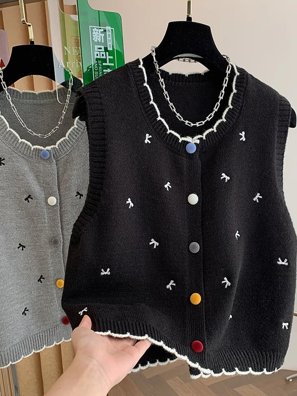 

Sweet Color Blo Knitted Vest with Bow Tie Loose Layering Top Knot ort Sve round Ne Commute Sle Women's S...