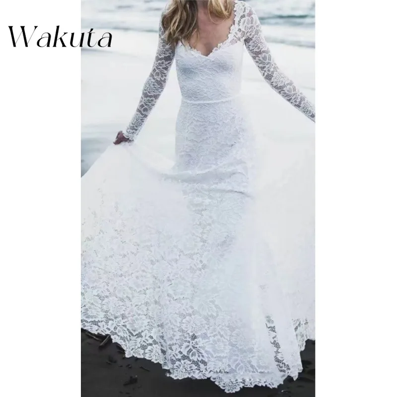 Wakuta Fashion Classic V-neck Long Sleeve Hollow Wedding Dresses Sexy Waist Slim Floor-length A-line Lace Engagement Robe Argent