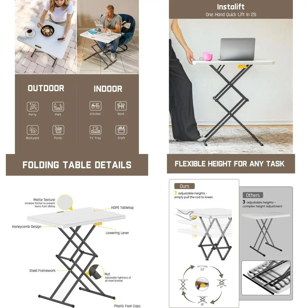Portable 28 Adjustable Height Folding Side Table, 3-Position, Granite White for Dining, Kitchen, TV Use