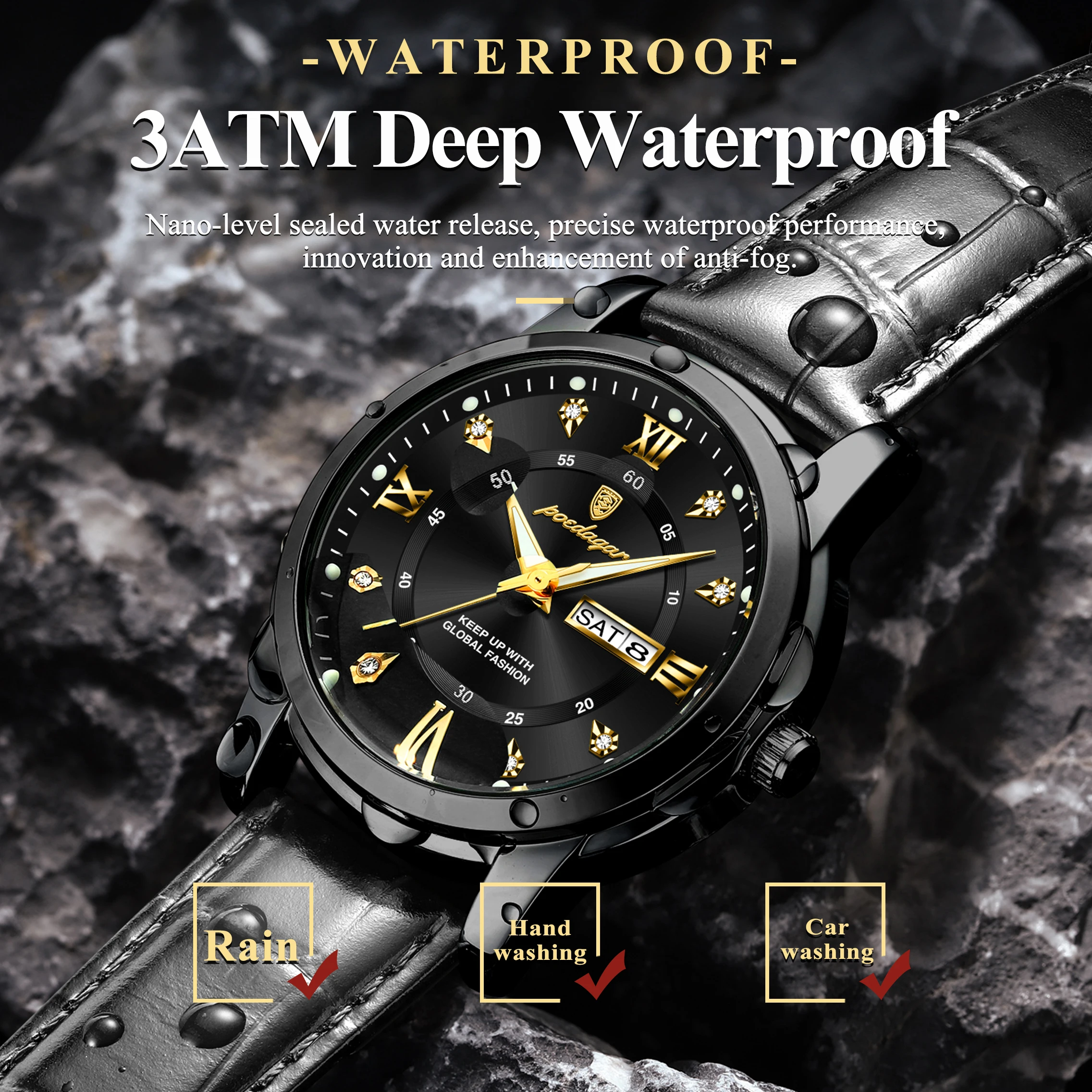 POEDAGAR أفضل ساعة رجالية فاخرة تاريخ الأسبوع مقاوم للماء مضيئة جلدية الرجال ساعة اليد عادية الذكور ساعة رياضية ساعات كوارتز رجالية