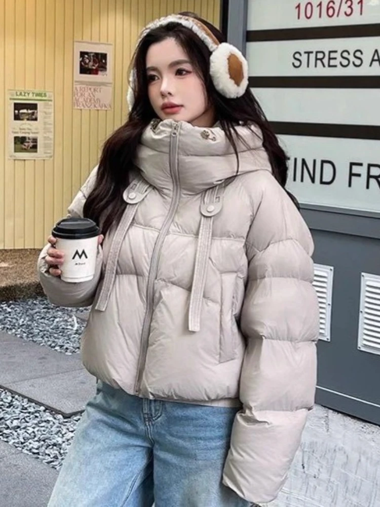 Elegante korte donsjas met capuchon, dame 2025, winterjas, Koreaanse mode, dikke warme parka's, casual losse effen witte uitloperkleding