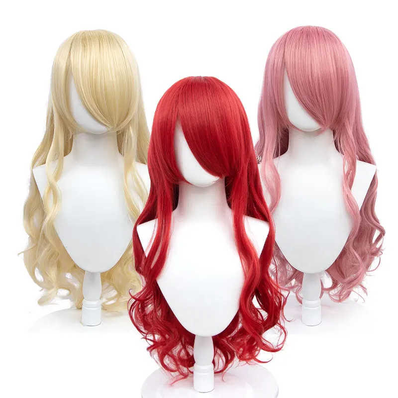 Wig Cosplay Sintetis Rambut Keriting Panjang dengan Poni Wig Lolita Hitam Putih Merah Muda Rambut Palsu Anime Sutra Suhu Tinggi Wanita