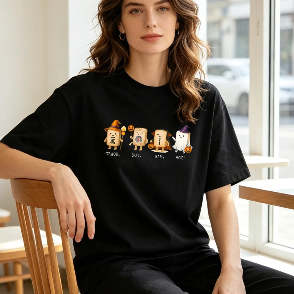 Funny Halloween Mahjong Crack Dot Bam Boo Mahjong Game Night T-Shirt Cute Mahjong Tile Halloween Cotton Tshirt Unisex Casual Top