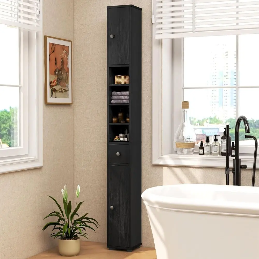 71”Tall Narrow Storage Cabinet, Skinny Bathroom Storage with 1 Der, 2 Do, 5 Adjustable Shelves and Anti-Tipping Device, Wooden S